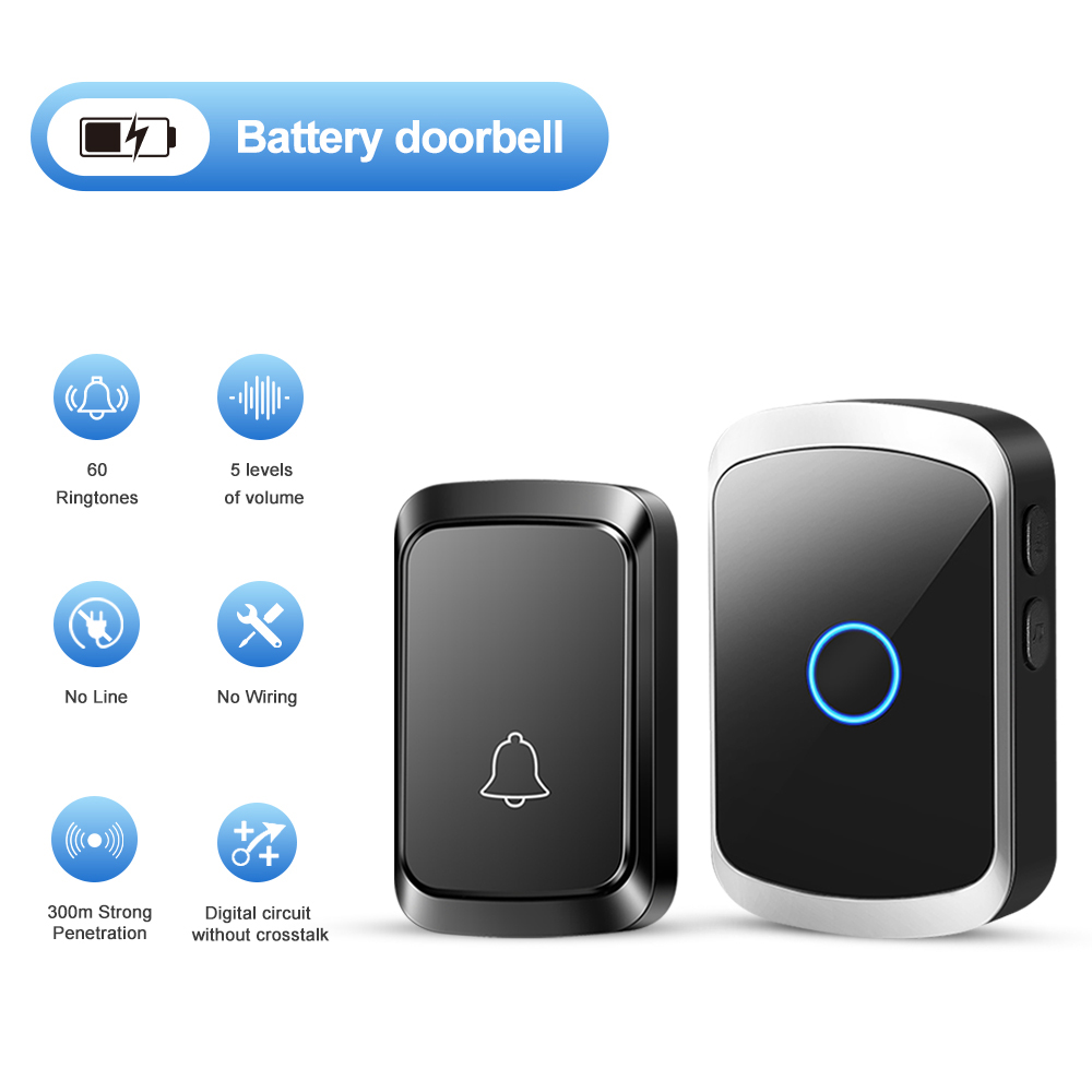 Home Security Bell - スマートワイヤレスドアベル ドアチャイムキット ソケット不要 300M/984FTリモート 60曲メロディー サウンド