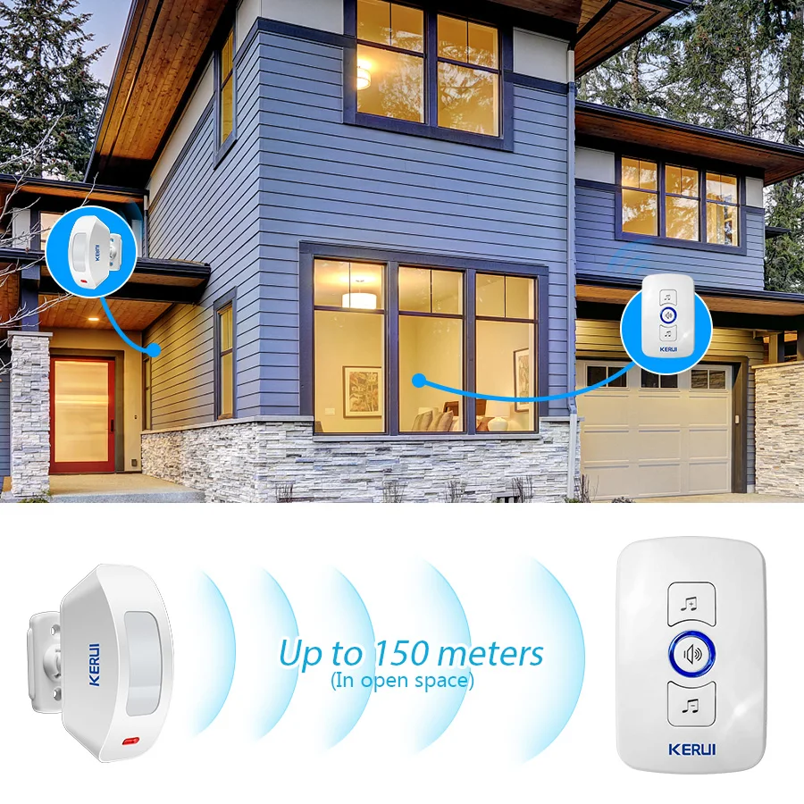 Home Security Bell - KERUI ワイヤレスドアベルホームセキュリティウェルカムチャイムドアベル PIR モーション検出器ドアセンサーサウンドアラームリングボタンで動作します