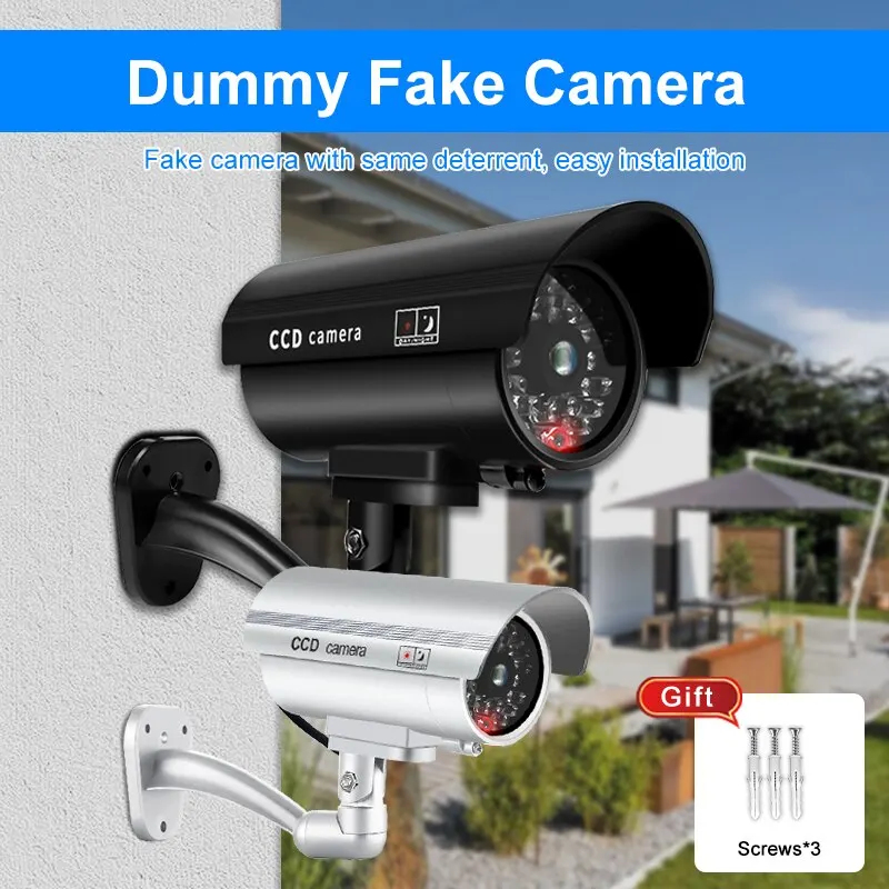 Home Security Lights - 1PC ダミーセキュリティカメラ防水屋内屋外偽CCTV監視システム、赤色点滅LEDライト、配線不要