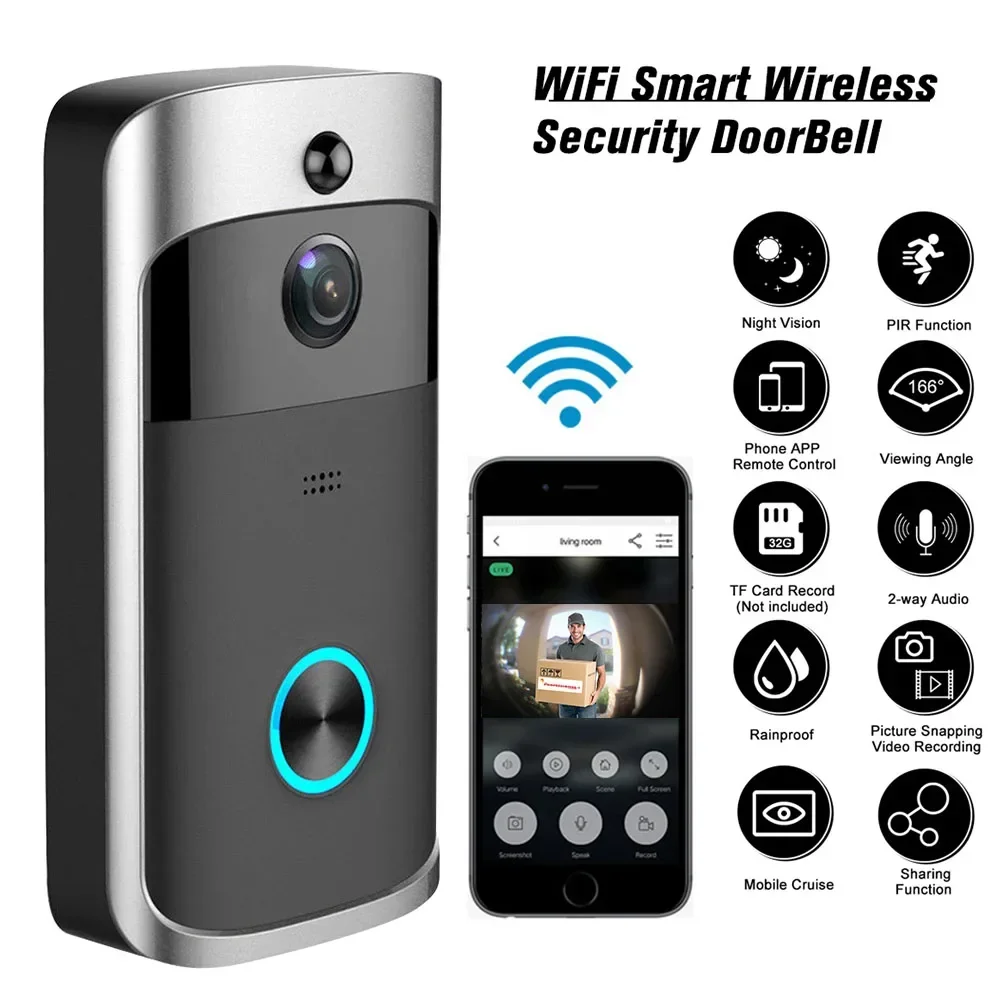 Home Security Bell - 720P HDスマートホーム対応、ワイヤレスWi-Fiドアベルカメラ、セキュリティビデオインターホン、赤外線暗視機能、AC電源/バッテリー駆動、住宅用ドアベル、新品。