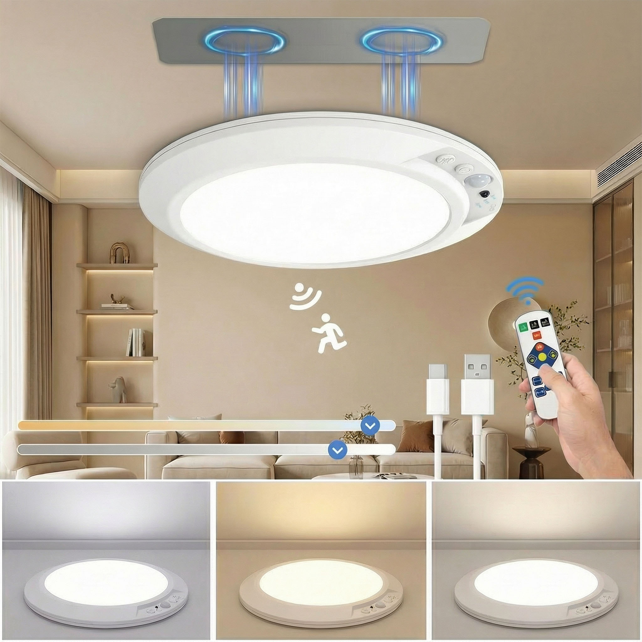 モーションセンサー付き充電式LEDシーリングライト、丸型ワイ - Home Security Beams のレビューと価格